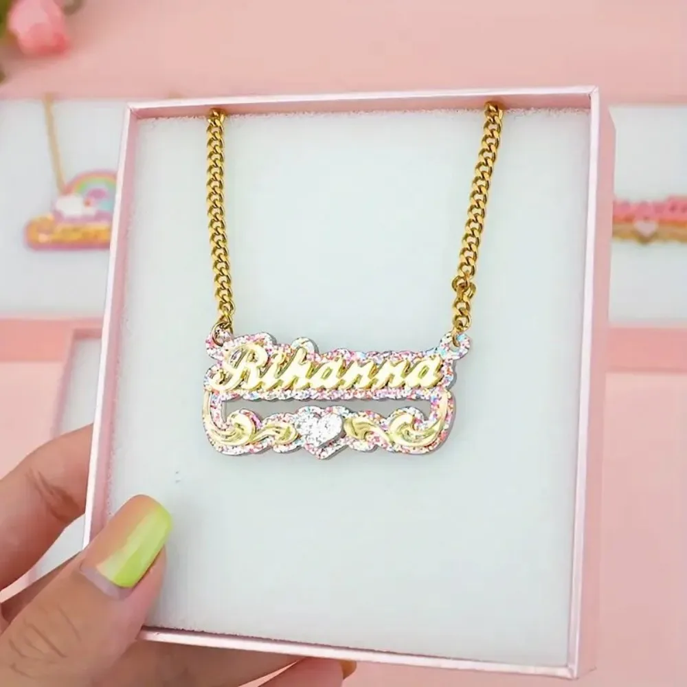 Collar con colgante de nombre personalizado de acrílico, collar con letras coloridas personalizadas, regalo bonito, colgante personalizado de encaje de amor para niñas y mujeres