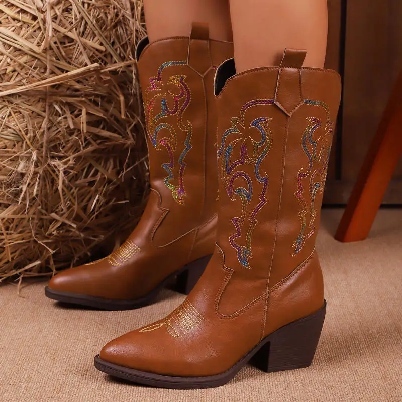 

Bohemia Embroidery Western Riding Boots Women 2025 Autumn Sexy Pointed Toe Black Mid Calf Boots Woman's Cowboy Booties Winter