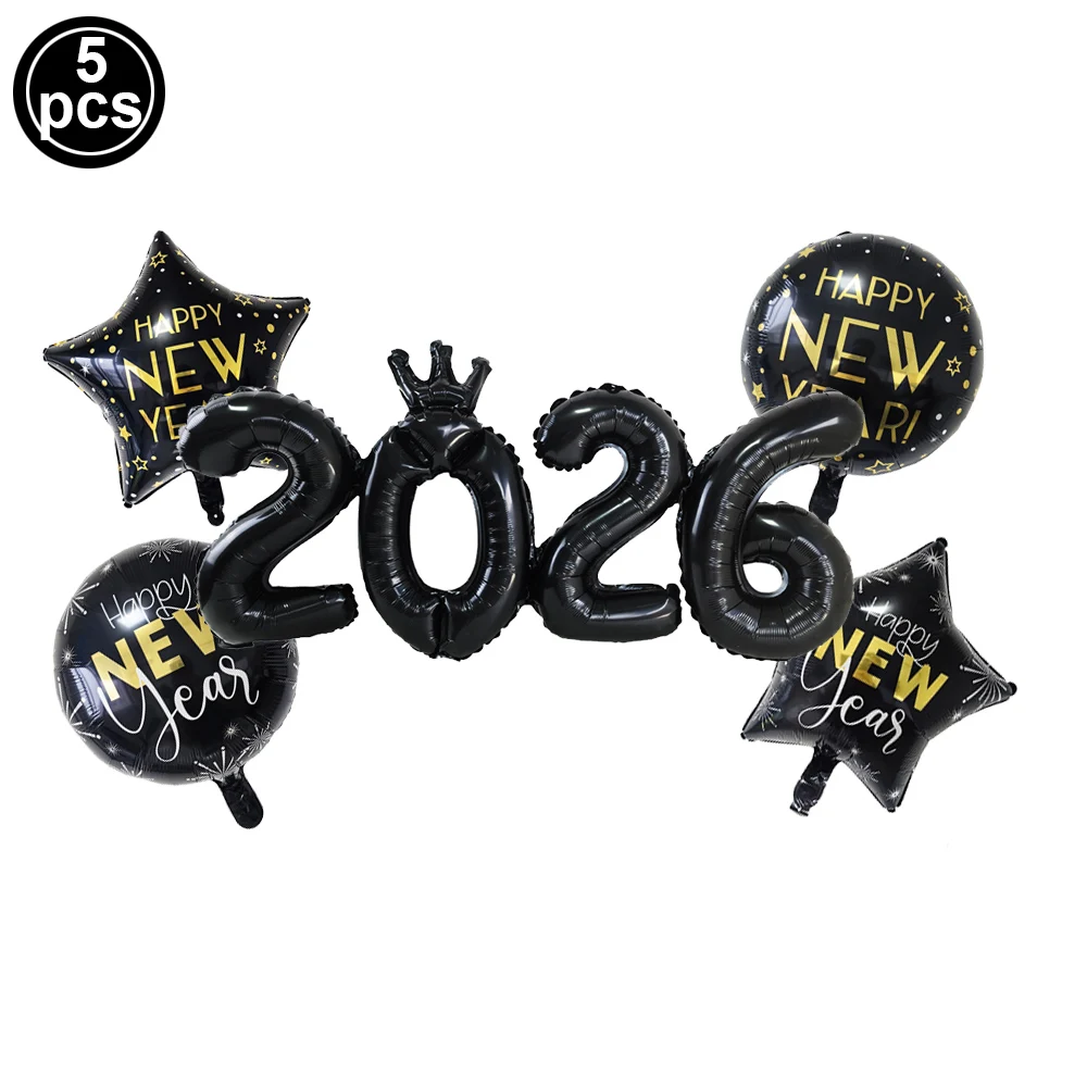 2026 مجموعة بالونات سنة جديدة سعيدة زينة بالون نجمة خماسية 2026 مجموعة بالونات أرقام لمستلزمات حفلات السنة الجديدة لعام 2026