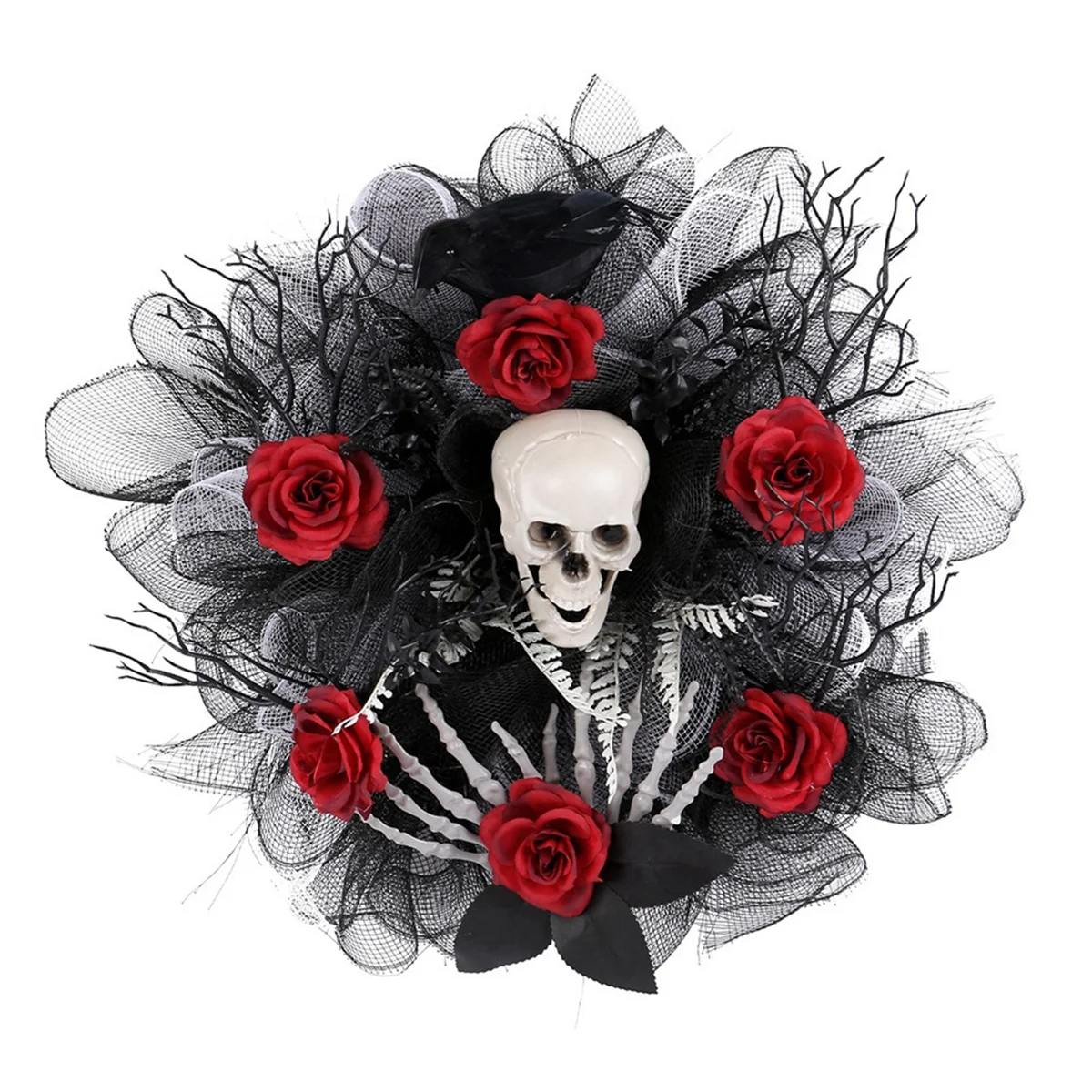 Halloween Rose and Skull Tulle Wreath Adjustable Headband Halloween Wreaths for Front Door for Party Costume