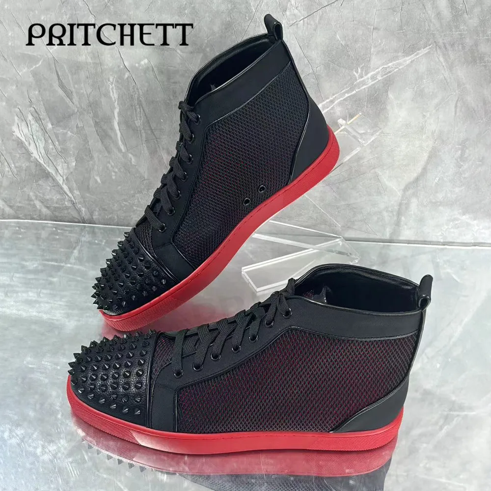 Black Rivet Color Matching Casual Shoes Round Toe Mesh Lace-Up High-Top Shoes Personality Daily Large Size Men's Shoes