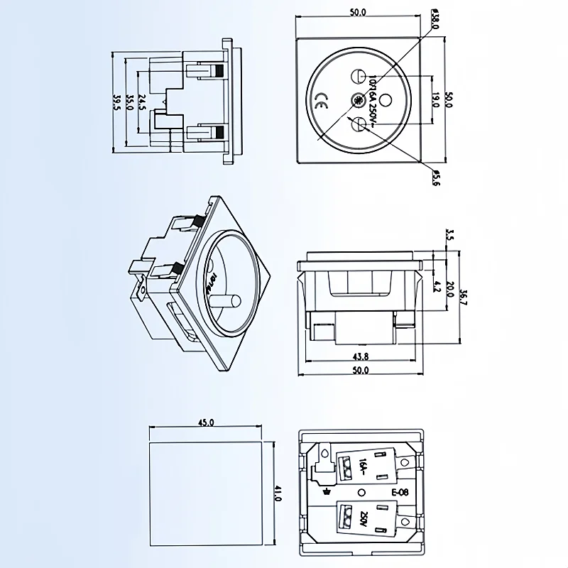 EU black embedded industrial outlet Inverter output socket 250V 16A universal electrical AC power connector