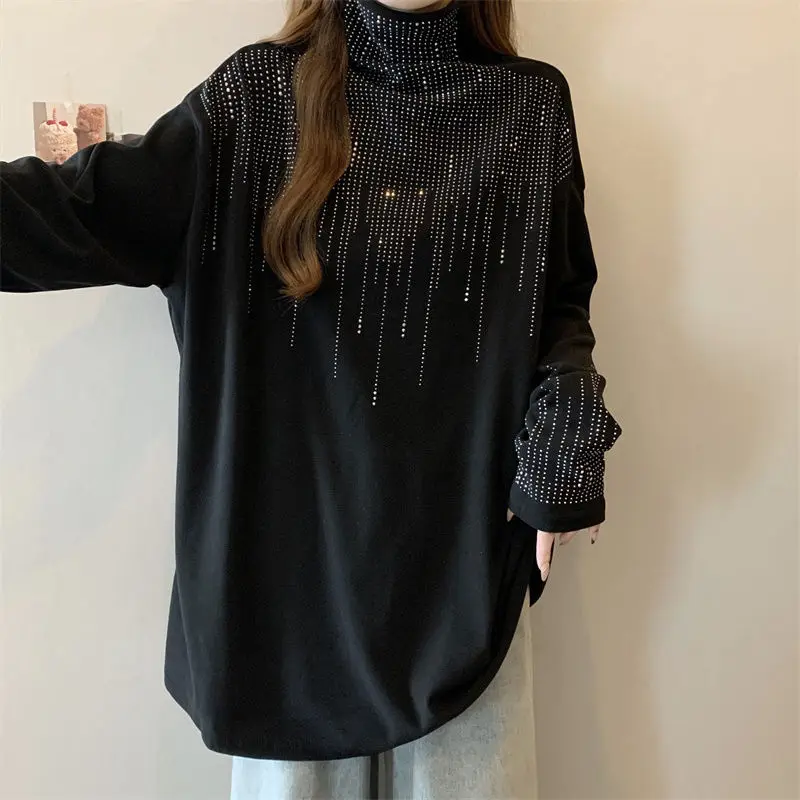 Women\'s Clothing Autumn Winter Korean Fashion Rhinestone Thick Warm Basic T-shirts High Collar Black Oversized Long Sleeve Tops