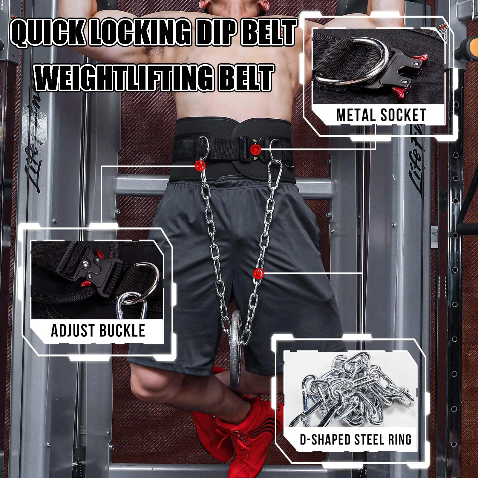 

Quick Locking Weighted Dip Belt with 40 inchs Chain Weightlifting Belt for Men Weightlifting Back Support Strap for Home Gym