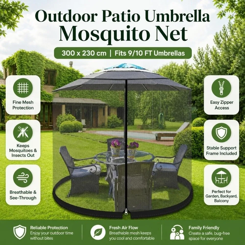 Adjustable Patio Umbrella Mosquito Netting 9/10 FT Fine Mesh Parasol Bug Screen Net Anti Insect Zipper Mosquito Net Cover