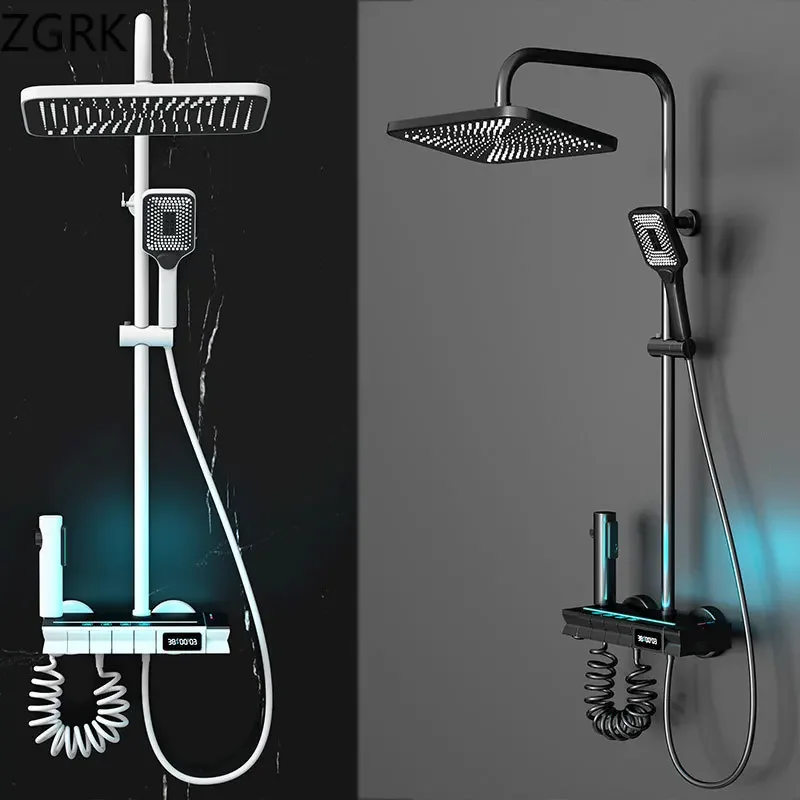 

Matte White Digital Shower Faucet Ambient Light Gun Grey Shower Set with Hand Spay Piano Key Design Shower System Bathroom