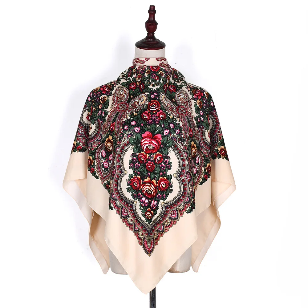 110*110cm Russian Square Scarf Women Luxury Floral Print Bandana Shawl Babushka Handkerchief Head Wraps Travel Sunscreen Shawls