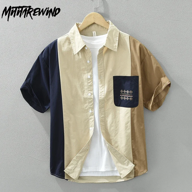 

Contrast Color Patchwork Designer Shirt Male Summer Streetwear Men Top Casual 100Cotton Short Sleeve Shirt Youth Fashion Clothes