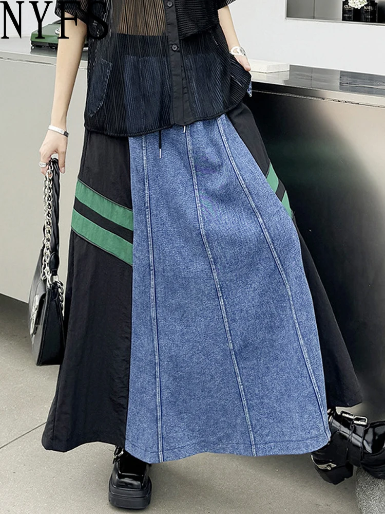 

NYFS 2024 Summer New Hong Kong style Woman Skirt Loose Plus Size High Waist Patchwork Denim Long Skirts Faldas Mujer Saias