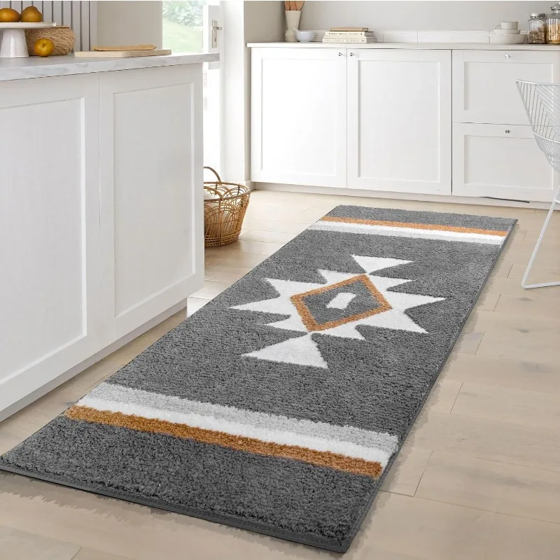 

Boho Bathroom Rugs Runner Non Slip Bath Mat, Geometric Long Bathroom Rug Soft Absorbent Large Carpet