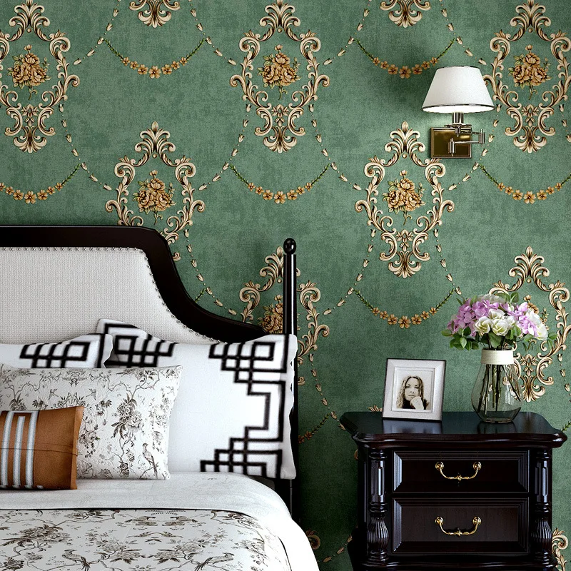 Dark Green Wallpaper,Retro 3D European Damask Wall Papers Home Decor Flower Wallpaper for Living Room, Home Bedroom Background