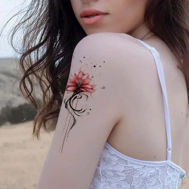 Long-lasting waterproof temporary tattoo stickers simulated non-reflective red lotus pattern fake tattoo on women's arm