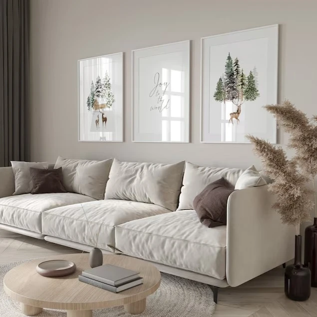 Christmas Elk Cedar Tree Canvas Print Winter Wonderland Black and Beige Wall Art Poster Modern Living Room Christmas Home Decor - view 3