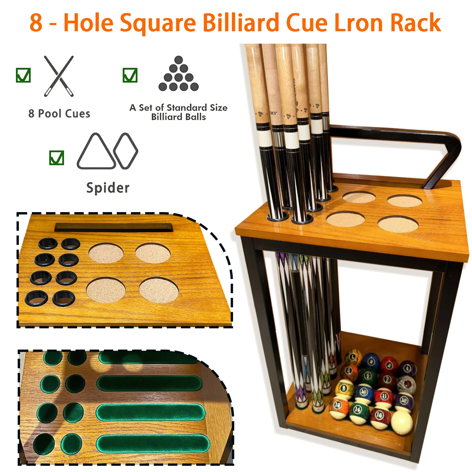 

Square Iron Solid Wood Floor Rack: One stop Storage for Billiard Accessories Cues. Sturdy, Durable, Easy to Install!