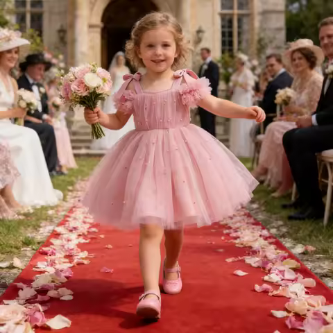 Girls Elegant Dress Wedding Bridesmaid Prom Gown Pearl Girls Party Dress Kids First Communion Formal Evening Vestidos Dress