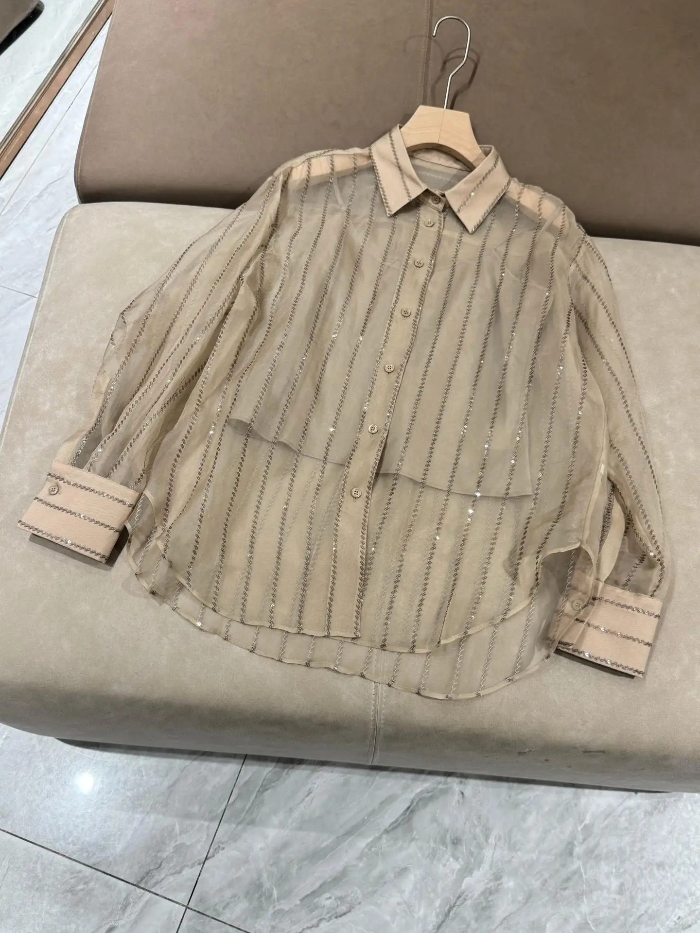 

Women's versatile casual luxurious sequins trimmed 100% silk shirt