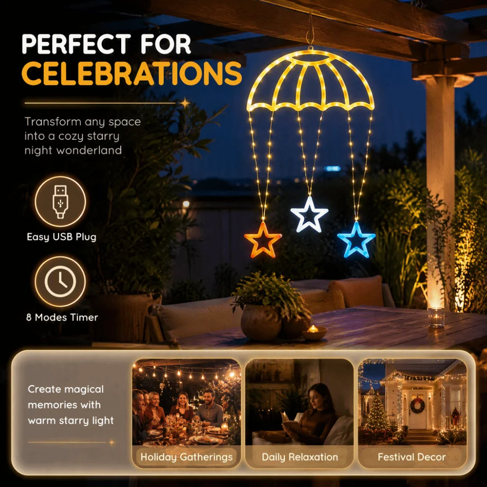 8 Modes of Lighting Parachute Star Lantern Pink Heart Usb Powered LED Christmas Parachute Lights Warm/Colorful Light