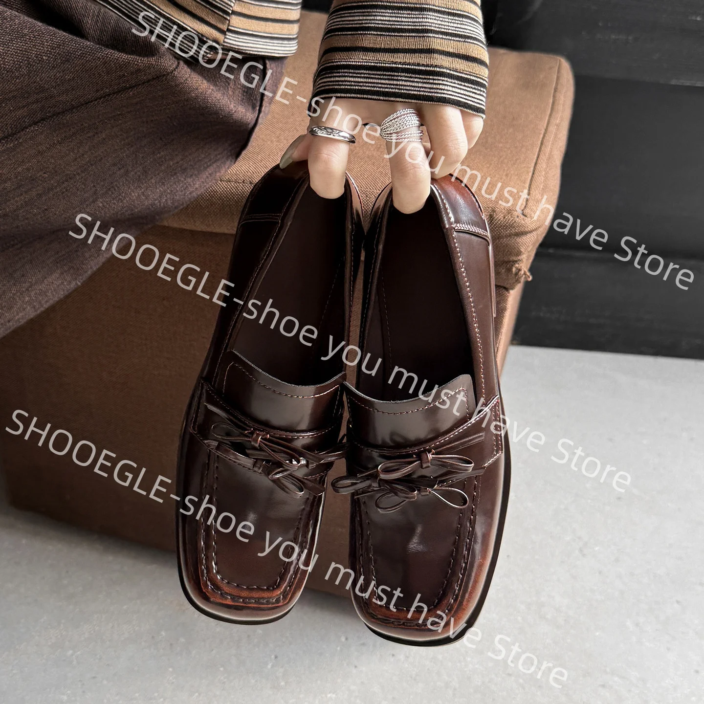 Women's Brown Patent Leather Loafers Block Heel Classic Design Square Toe Slip-On Retro Casual Ladies Office Single Shoes