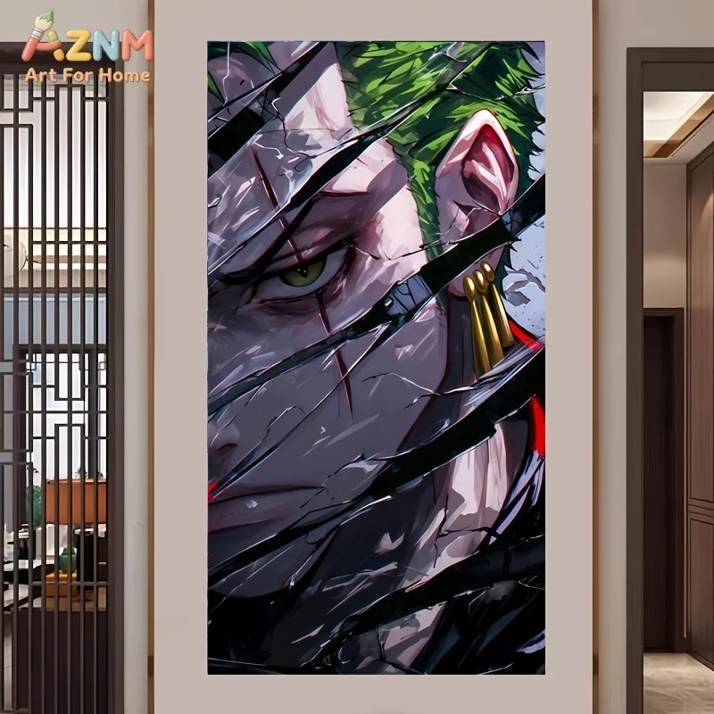 AZNM One Piece Roronoa Zoro Broken Glass Effect Close Up Anime Canvas Wall Art Manga Swordsman Portrait Print Unframed Canvas Pa