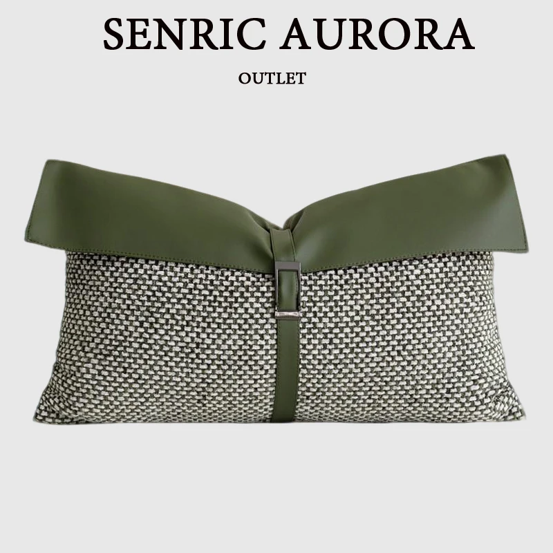Green Cushion Cover Chenille Texture Spliced Leather Waist Pillow Case Modern Light Luxury Model Room Sofa Pillow Cover