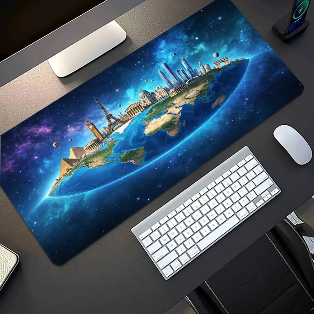 Large Mouse Pad World Map Earth City Print Stitched Edge Anti‑Slip Rubber Desk Mat for Gaming Working Home Office Laptop Use
