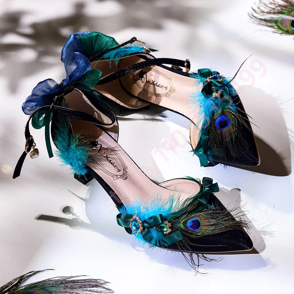 2026 New Peacock Feather Decor Low Heel Pumps for Women Pointed Toe Ankle Strap Shoes Fashion Lolita Shoes for Cosplay and Party