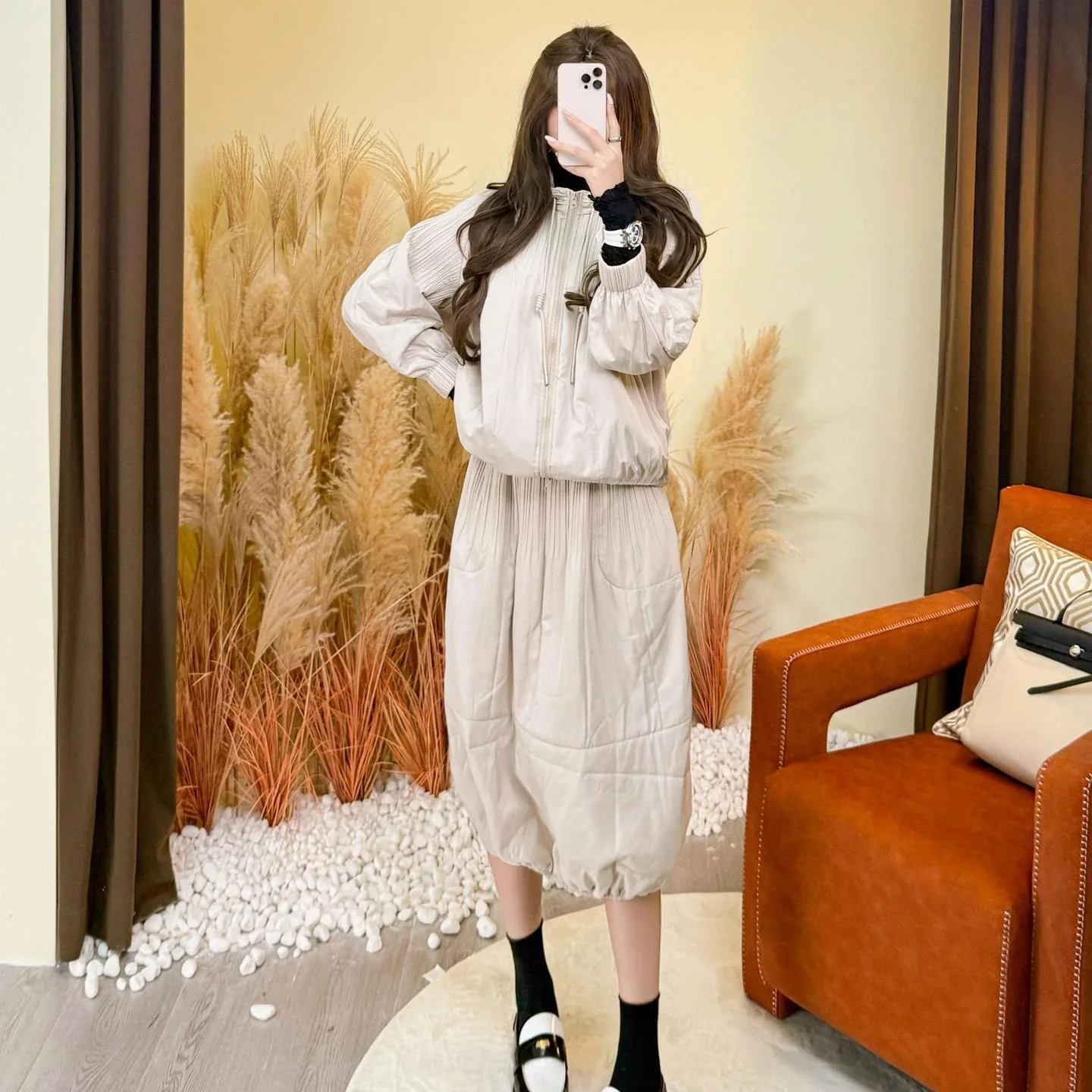 Miyake Pleated Autumn and Winter New 2025 Cotton Suit Set Skirt Cotton Coat Jacket Fashionable Cotton Half Skirt Two-piece Set