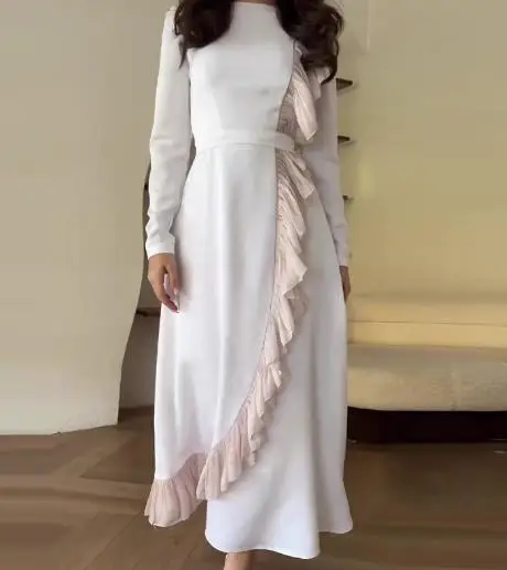 Vestidos para mujer 2025 primavera otoño nueva moda contraste Color encaje Patchwork manga larga Casual cuello redondo vestido largo