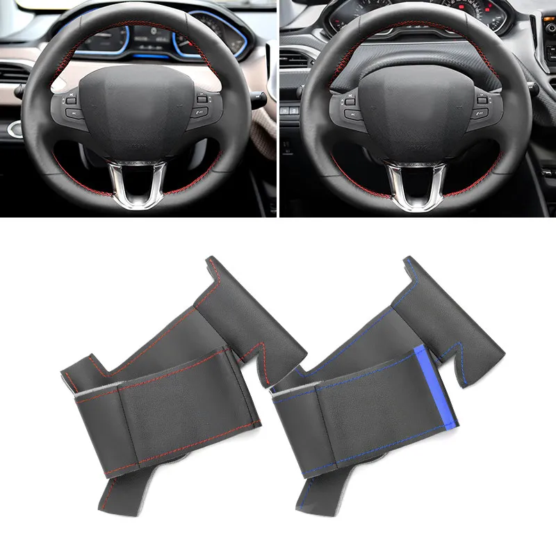 For Peugeot 208 2008 2014 2015 2016 2017 2018 Hand Stitched Car Interior Steering Wheel Cover Microfiber Leather Protective Trim