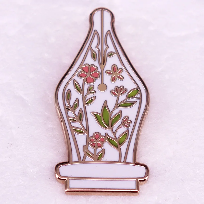 Floral Fountain Pen Nib Badge Hard Enamel Pin Brooch Writers Jewelry Denim Jacket Accessories