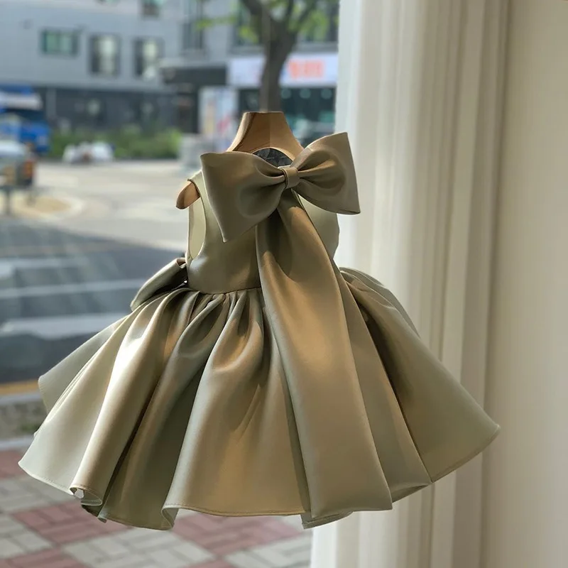 Princess Satin Bow Sleeveless Flower Girl Dress Children First Communion Dress Ball Gown Wedding Party Dress Birthday Show