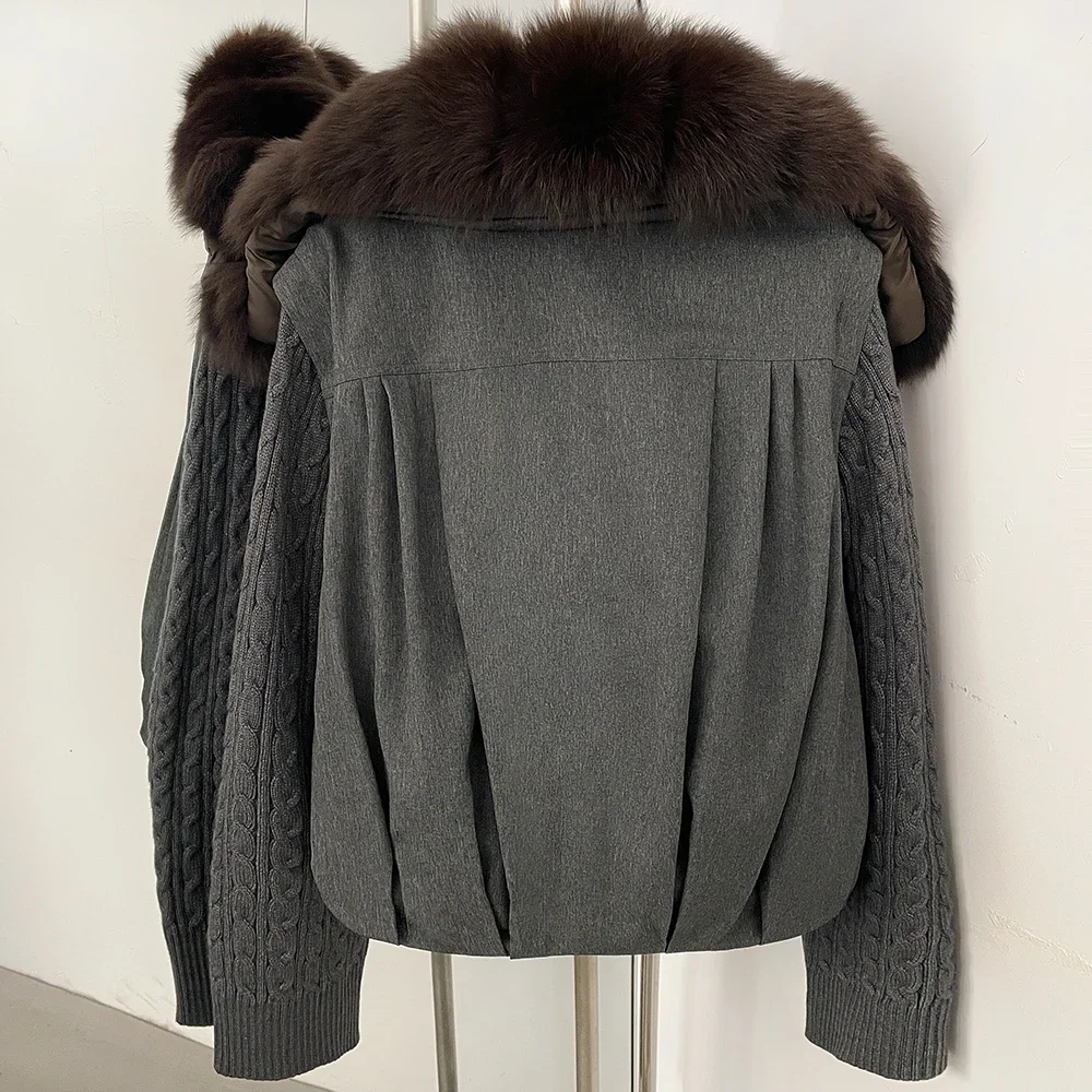 OFTBUY Cable Knit Sleeve Zipper Drawstring Hem Cropped Coat 90 White Duck Down Jacket Women Cozy Warm Winter Real Fox Fur Collar