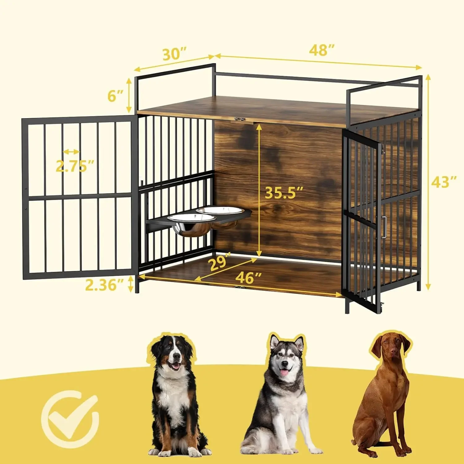 Dogs Indoor Heavy Duty Super Sturdy Dog Kennels with 2 Stainless Steel Bowls (48Inch = Int.dims: 46