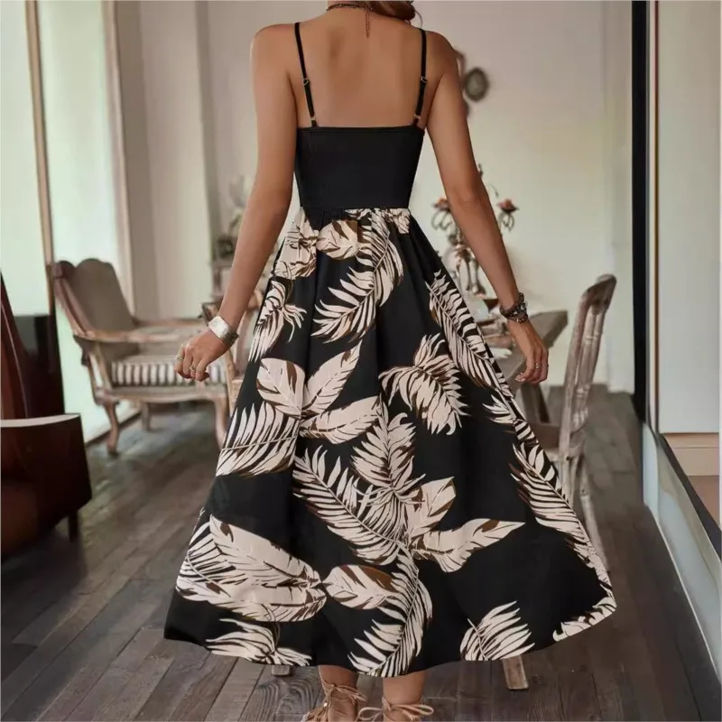 Summer Sexy Hollow Long Dresses For Women 2024 Fashion New Off Shoulder Slit Floral Print Sling Beach Dress Vacation Robe Femme