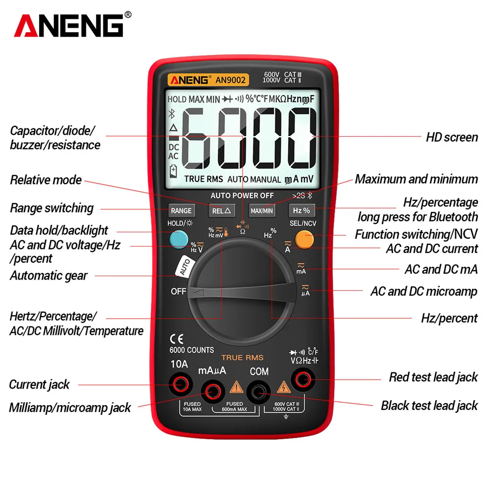 Imagem -03 - Bluetooth Multímetro Digital 6000 Contagens True Rms ac dc Testador de Tensão Atual Auto-alcance Profissional Aneng-an9002