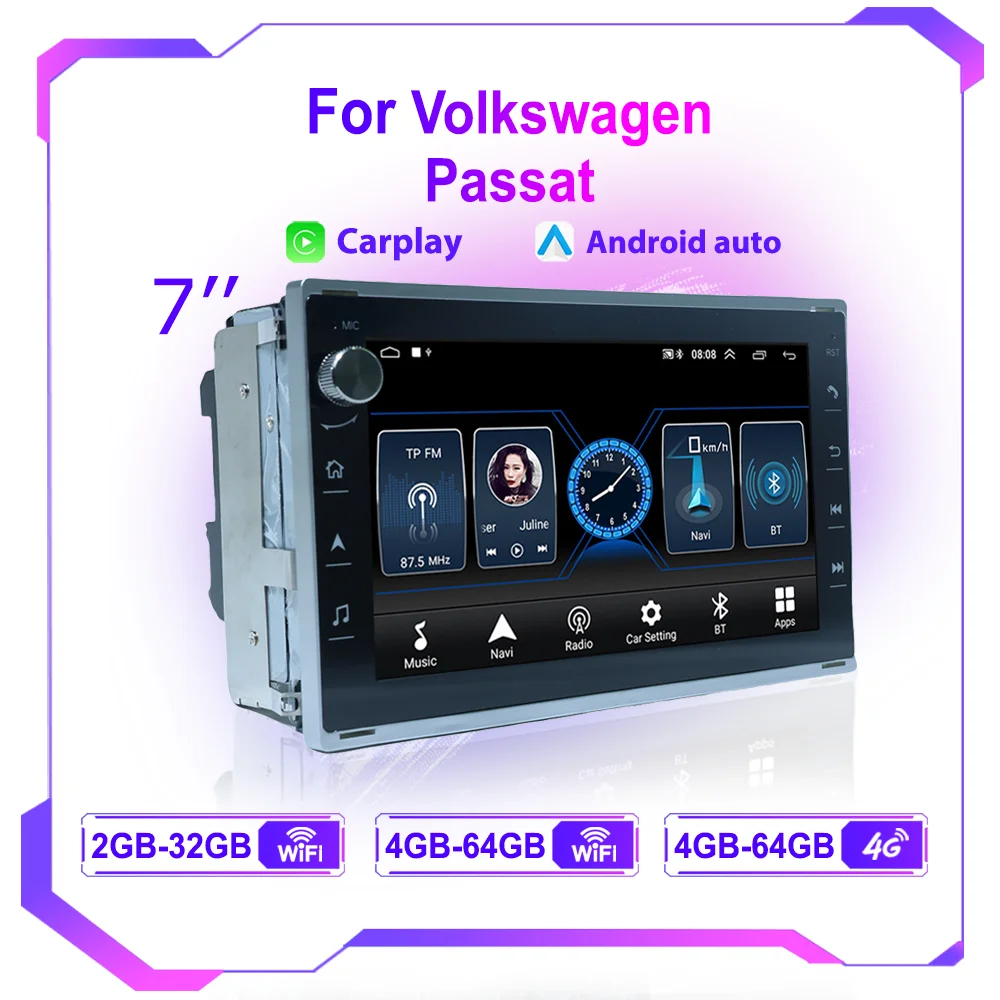 Radio Android de 7 pulgadas para VW PASSAT B5 MK4 MK5 SHARAN Jetta Polo 9n TRANSPORT T5 CITI CHICO WIFI Multimedia Carplay unidad principal
