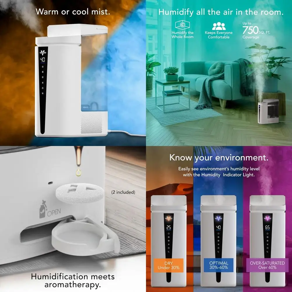 

Ультразвуковой увлажнитель воздуха для всего помещения, с верхней заливкой, ароматерапия, емкость 2 галлона, производительность 3 галлона, теплый/холодный туман, автоматический контроль влажности