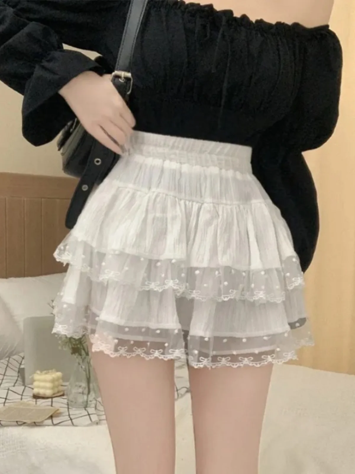 

Korean Sle High Waist Lace Trim Skirt Women's Bla Dr Cake Skirt Ballet Sle Prevent Exposure Fluffy ort Skirt
