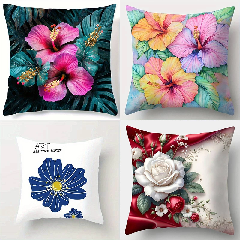 

Яркая наволочка с цветочным узором — тропический гибискус и элегантная роза — для свежего домашнего декора