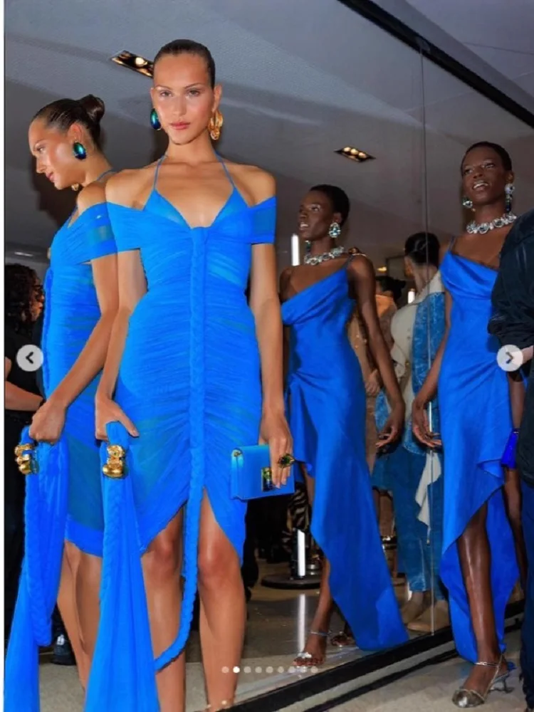 2025 Frauen Promi Sexy Liebsten Mesh Geraffte Blau Midi, Figurbetontes Kleid Elegante Abend Club Party Outfit