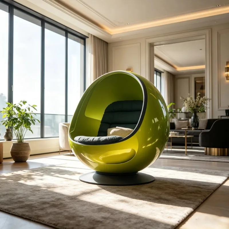 Modern egg-shaped swivel lounge chair, with a smooth capsule-shaped single sofa in the living room