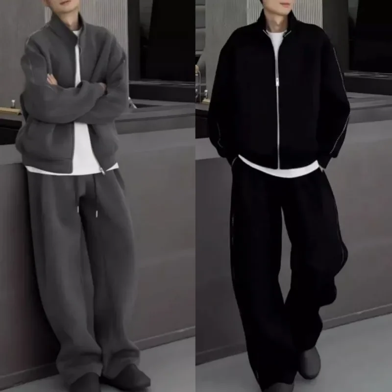 2026 Men's Spring-Autumn Zippered Standing Collar Jacket and Athletic Pants Set, Casual American  Workwear Commuting 2-Piece Set
