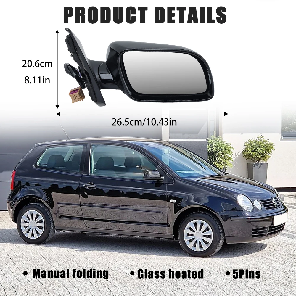 5 Wires Side Rearview Mirror Assembly For Volkswagen POLO MK4 2002-2005 Glossy Black Heated Door Rearview Mirror Car Accessories