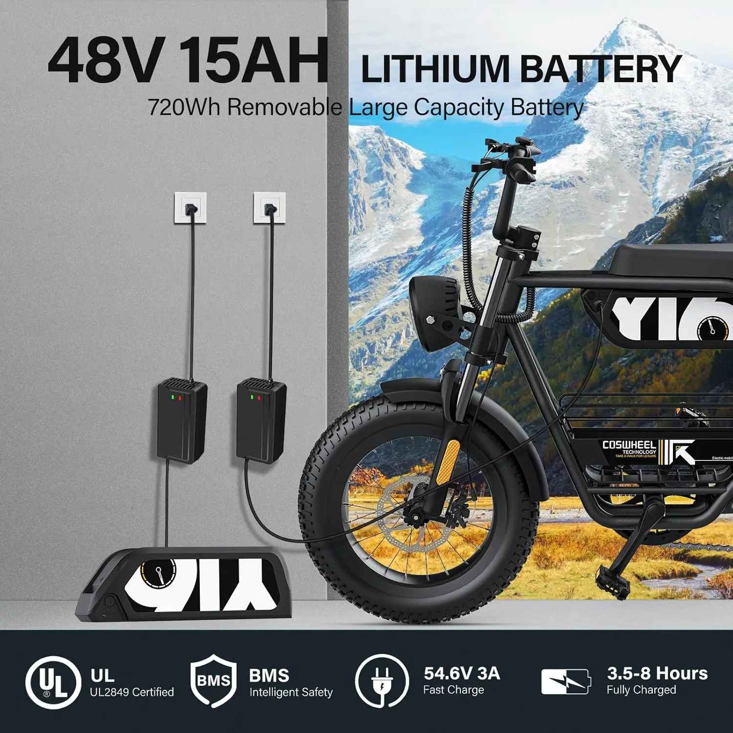 COSWHEEL Y16 1500W Electric Bike 48V15Ah Dual Battery 16 Inch Fat Tire E-Bike Mountain Snow Electric Bicycle for Adult Men Wowen