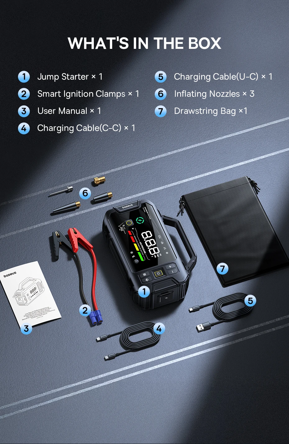 Baseus VJ1 3000A Starthilfe 4-in-1 150PSI Luftkompressor Powerbank 21600mAh Auto-Batterie Notfall-Booster Tragbares Startgerät – Detail 9