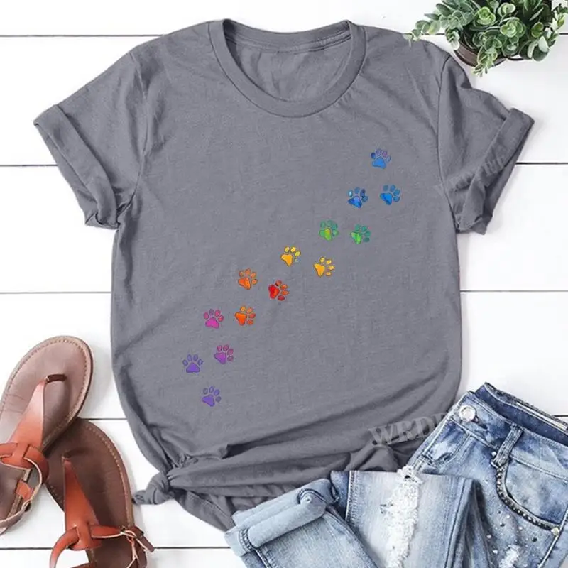 

Rainbow Cat Paw Print T Shirts Women Causal Harajuku Tops Funny T Shirt Unisex Short Sleeve Clothing Shirt