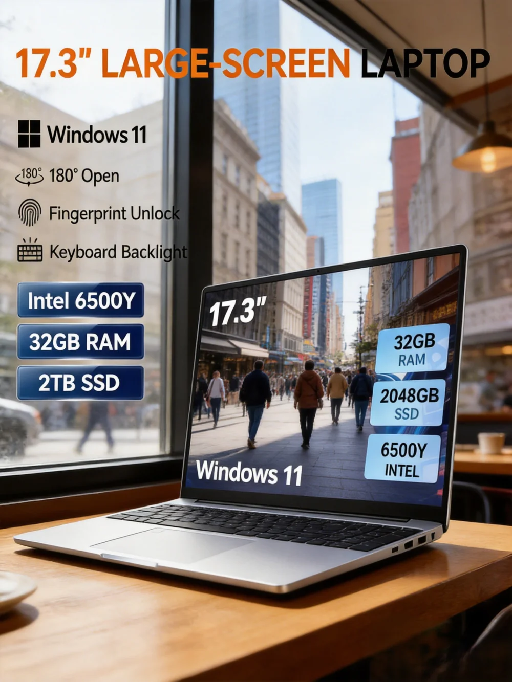 Lightweight 17.3" HD Ultra-Large Screen Laptop Powered by Intel 6500Y High-Speed Processor, 32GB RAM + 1TB/2TB SSD, Windows 11 P