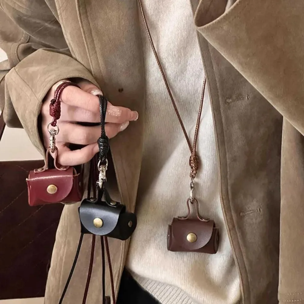 Mini and Compact Leather Hanging Neck Coin Purse Necklace Niche Design Headphone Bag Long Sweater Chain Accessory Women Men