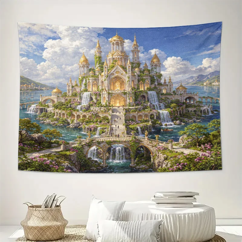 Magical Fantasy Castle Tapestry Mural Wall Art Hanging Gothic Palace Landscape Decoration for Living Room Home Decor