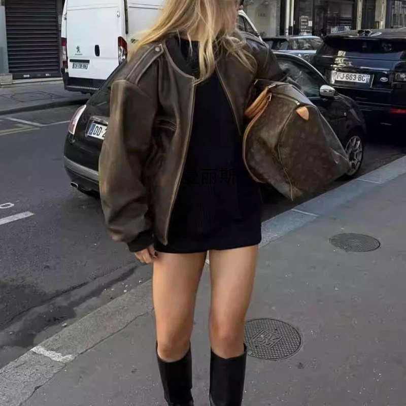 

Autumn and Winter American Retro High Street Coffee Leather Jacket Design Sense Coat